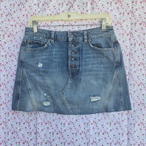 Free People Harvey Distressed Button Front Denim Mini Skirt Raw Hem Boho Size 29
